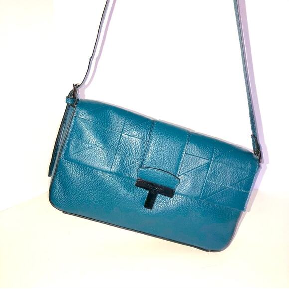 T Tahari Teal Frida Leather Shoulder Bag Baguette Blue - Picture 1 of 8